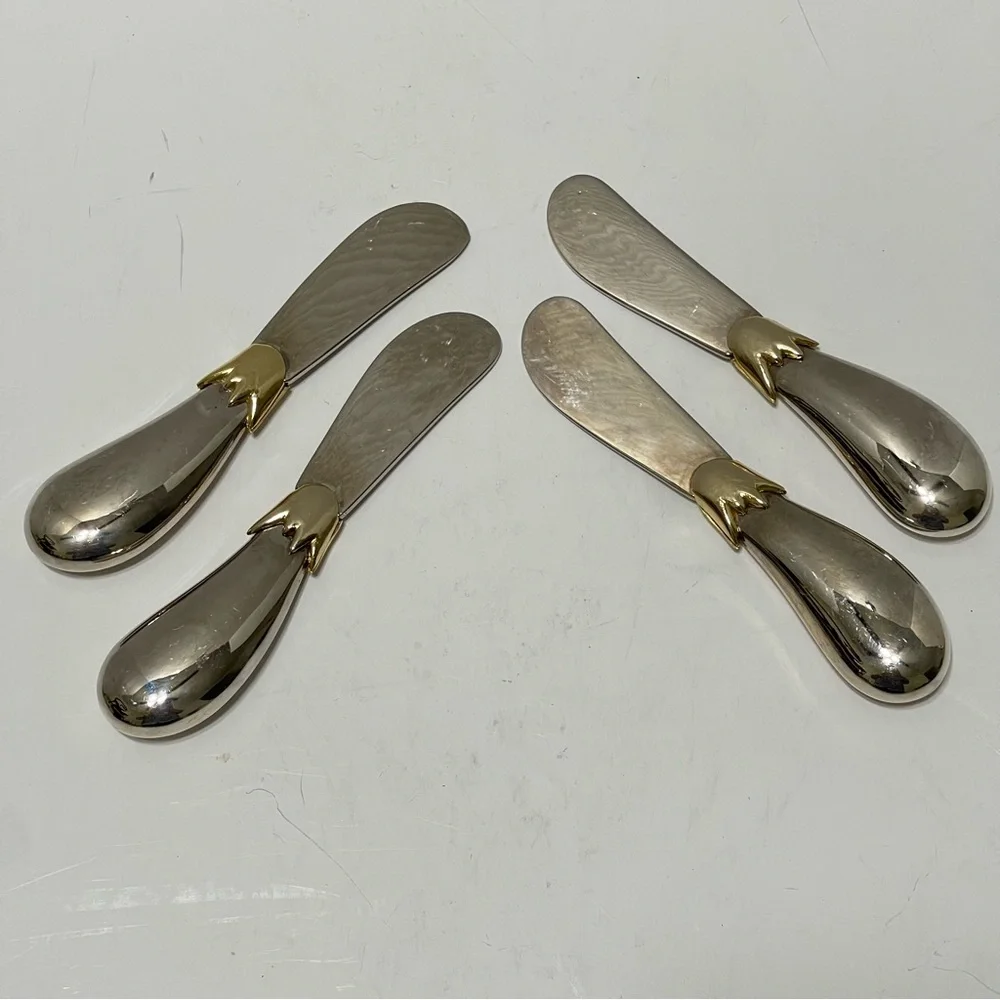 Joie de Vivre Eggplant Pattern Cheese Butter Spreader Silver Gold Toned Set of 4